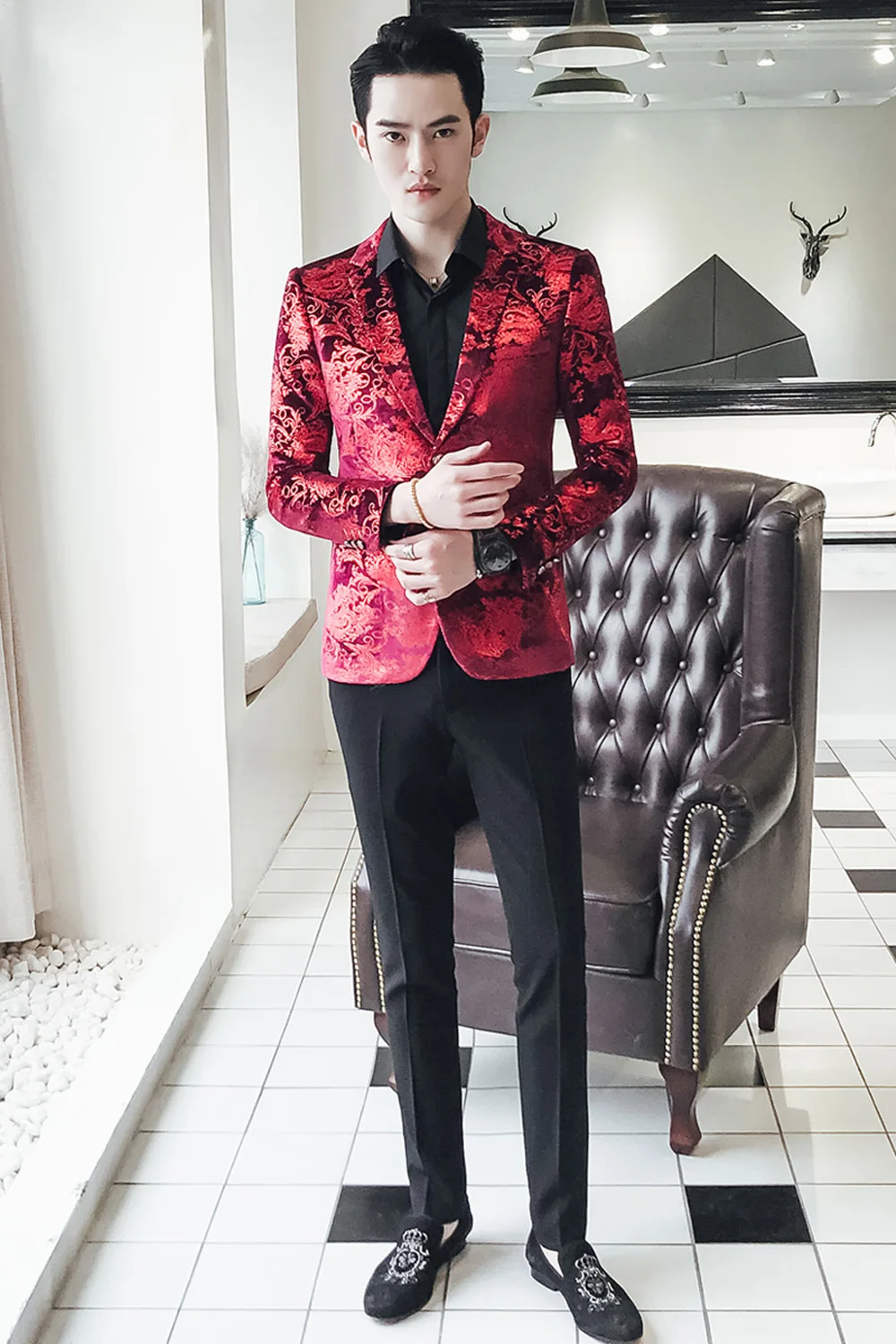 

Red Stylish Gold Men's Casual Slim Fit Formal Suit Blazer Men Coat Jacket Business Blazer Hombre Dj Wedding Party Prom Blazer