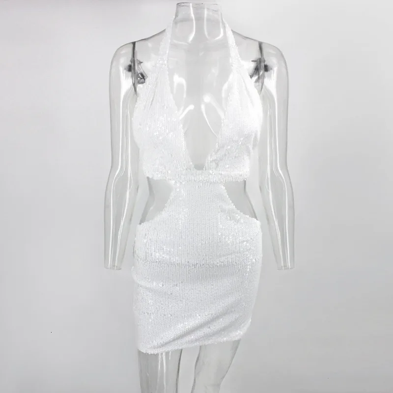 Женское мини платье без рукавов Fuedage Белое Облегающее с блестками вечерние