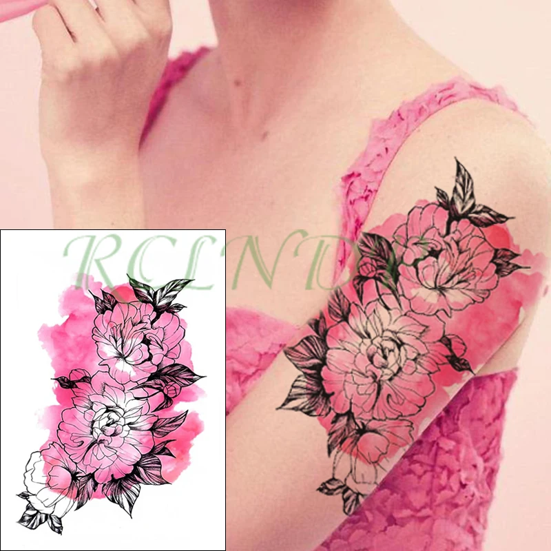 Водонепроницаемая Временная тату-наклейка с чернилами Розовый пион цветок лист