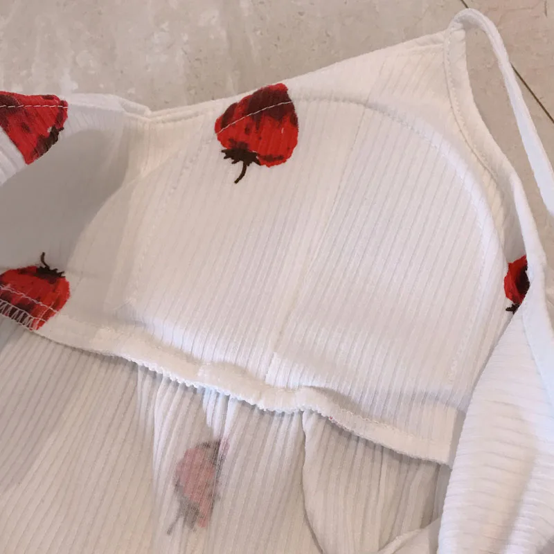 

Sexy Sling Pajamas Women Summer Cute Cotton Sleeveless Sleepwear Two-piece Sweet Strawberry Home Clothes With Chest Pad