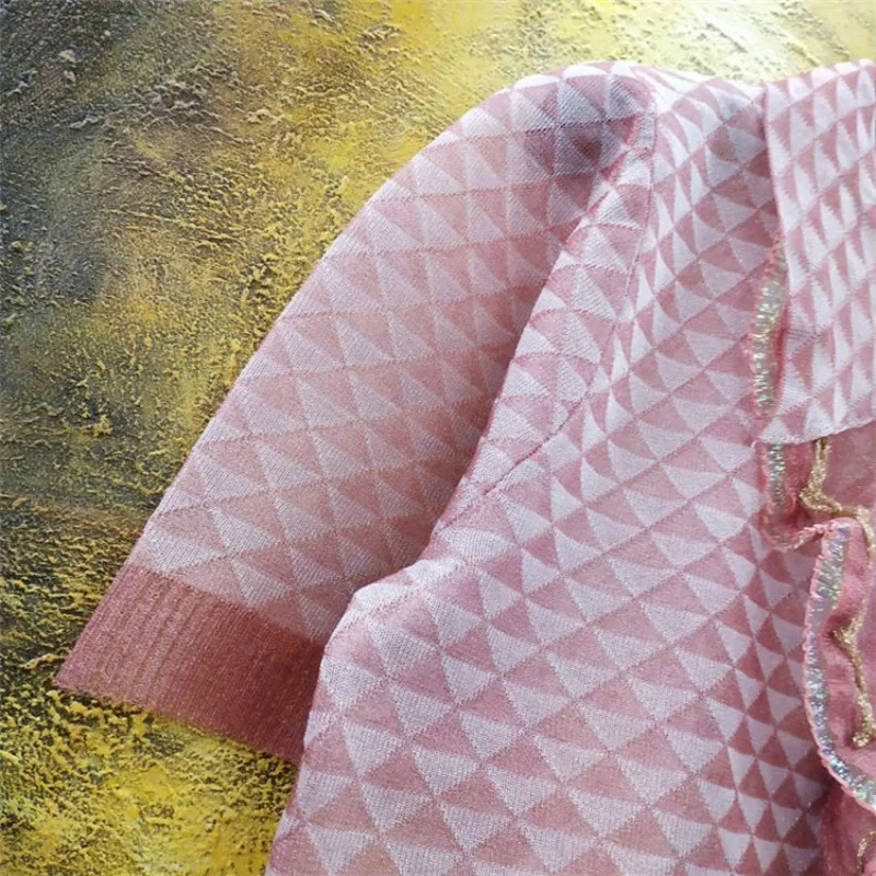

Summer Female Sweet Knitting Pink T-Shirt Office Ladies Elegant Short Sleeve Tops Fashion Casual Ruffle Plaid Cropped T-shirts