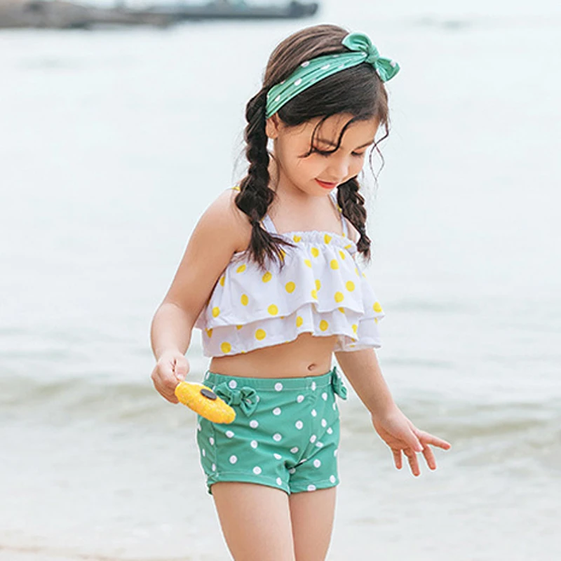 Купальный костюм в горошек с бантом и воланами для девочек детский купальник