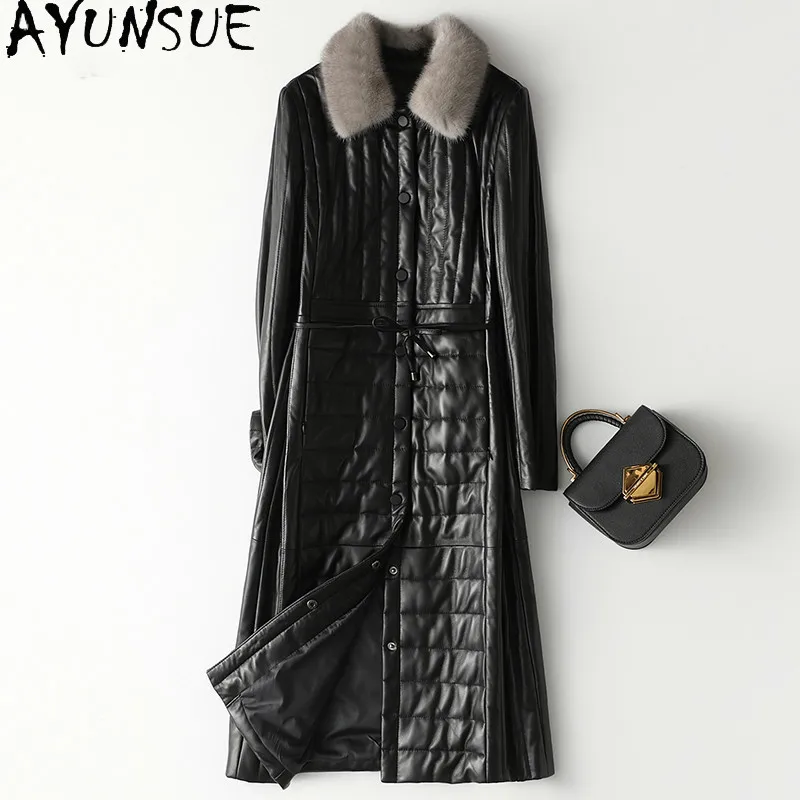 

2020 Genuine Leather Jacket Women Long Sheepskin Coat Female Warm Winter Down Jackets Mink Fur Collar Abrigo Mujer Z001M Pph1758