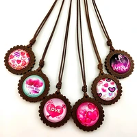 24pcs red love wood necklaces rose heart glass cabochon retro style pendant with wax rope chain women and girl necklaces