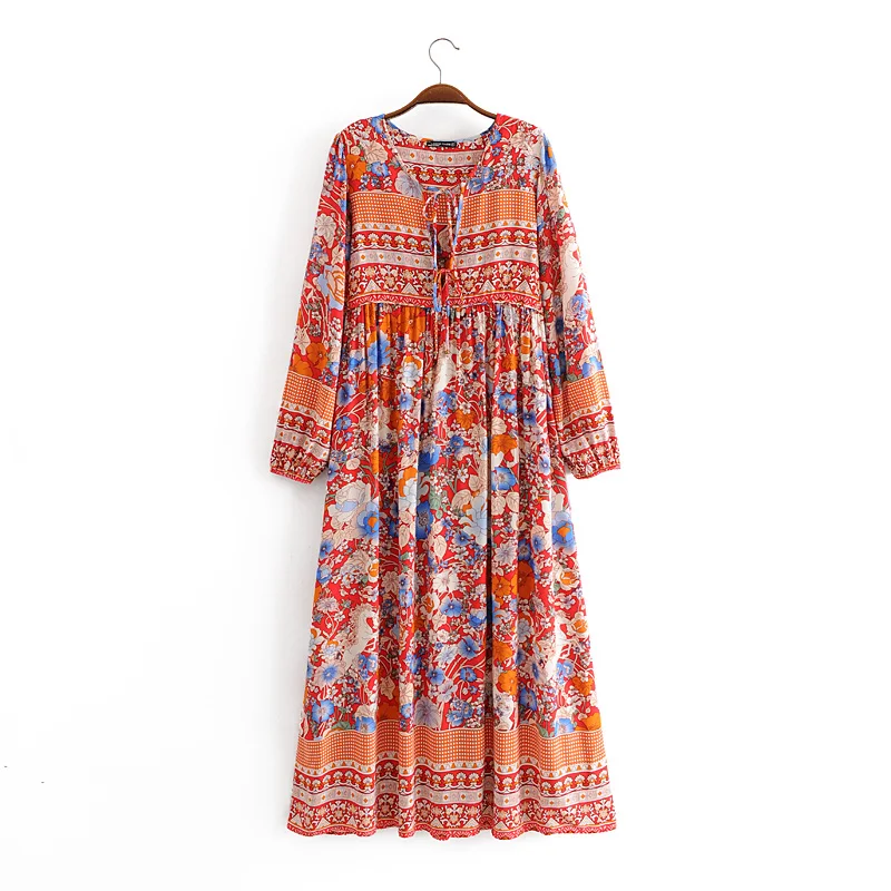 

Splend Moda 2021 Holiday Style Floral Print Color Matching O Neck Lace Up Pullover Loose Dress Women Boho Style Long Fashion