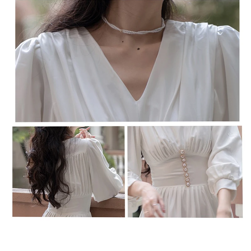 French White Banquet Dress V-neck Vintage Long Sleeve Elegant Vestidos Elegante Para Mujer Pearl Button Faldas Largas BrideDress images - 6