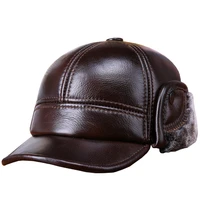 genuine leather winter hats high quality first layer cowhide warm earmuffs bomber caps plus velvet thicken man bone caps dad hat