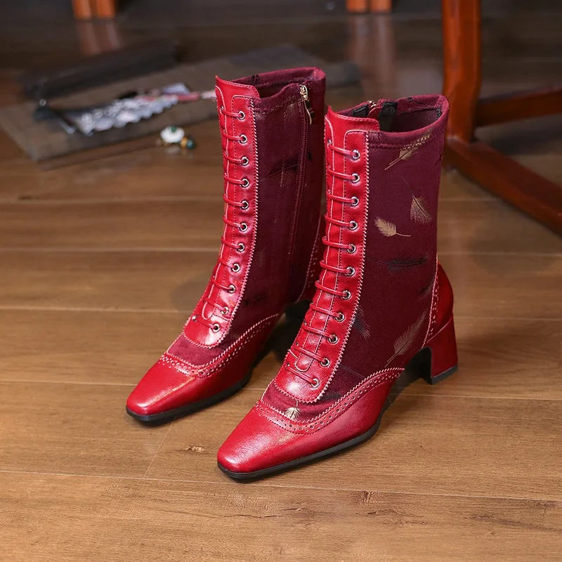 

High Quality Women Boots Sexy High Heels Blue Red Pumps Shoes Woman Fashion Autumn Winter Warm Mid Calf Boots Big SIze 34-43