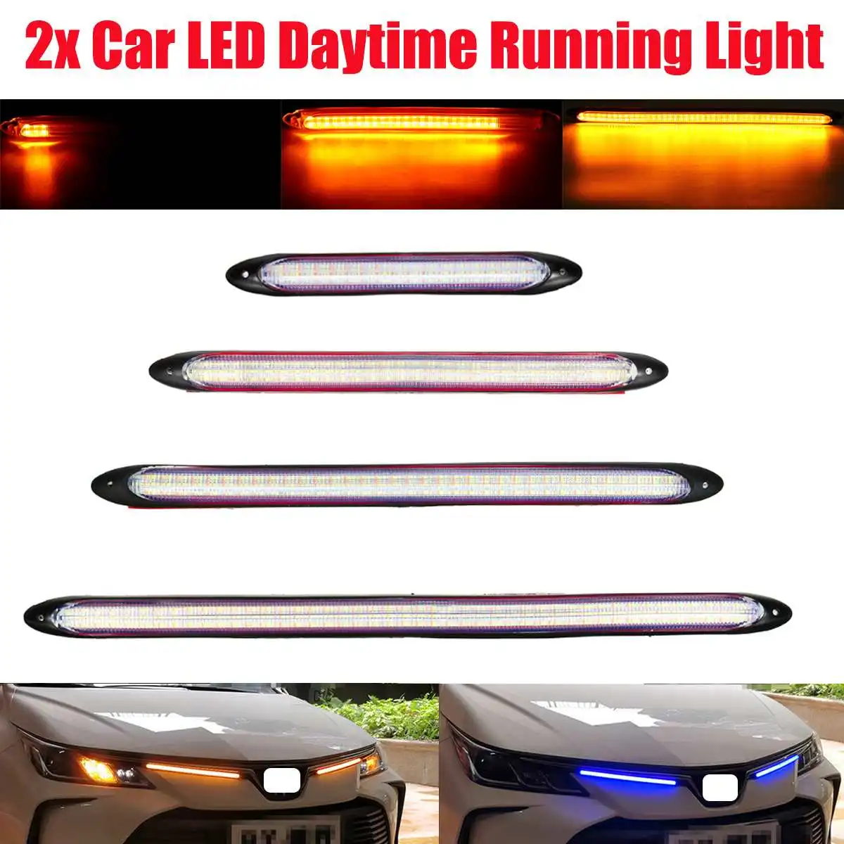 

2pcs LED Flowing Car Turn Signal Light Daytime Running Light DRL Yellow Blue Scanning Universal Waterproof Front Headlight Strip