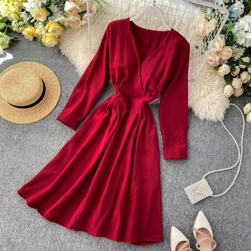 wine red Винтажное приталенное весенне-осеннее длинное платье средней длины с v-образным вырезом, зимнее женское повседневное платье, вечерние элегантные платья трапециевидной формы - Цвет: wine red