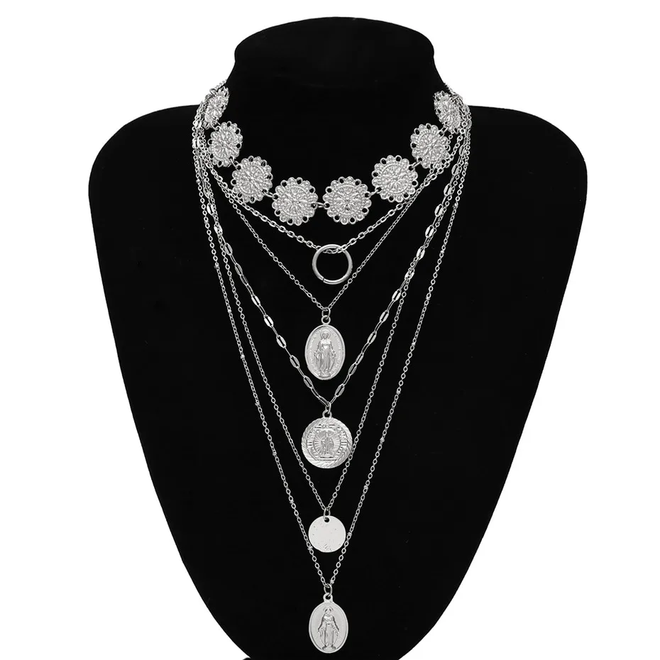 Silver Color Многослойное колье Mary Angel Pendnat, ожерелье, винтажная Готическая цепочка с цветами, длинное ожерелье для женщин, ювелирное изделие - Окраска металла: Silver Color