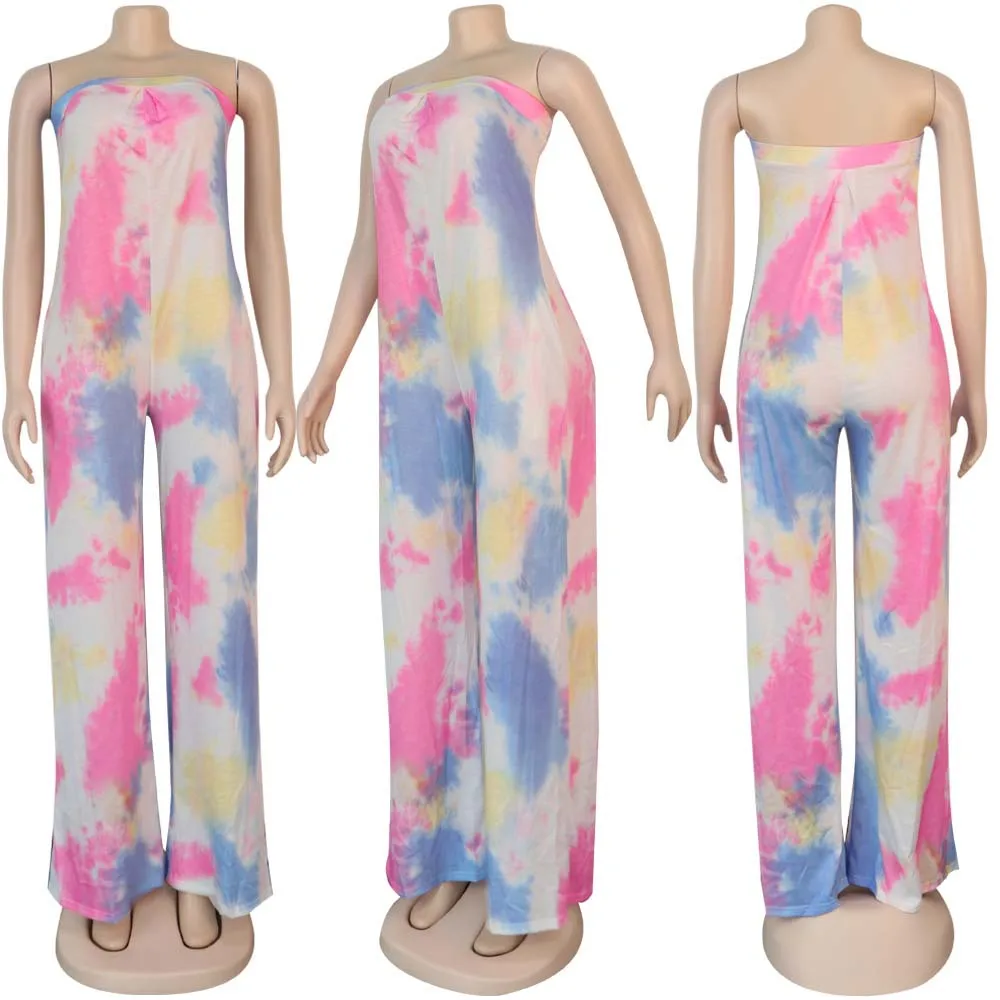 

New fashion tie dye printed loose Jumpsuit casual off shoulder sleeveless women's bra pants
