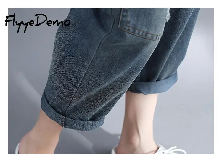 

2021 New Autumn Oversized Fashion Ankle Length Denim Pants Patchwork Hole Pocket Elastic Waist Casual Jeans Woman Pants Big Size