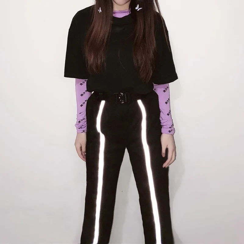 Женские Светоотражающие джоггеры черные Гаремные Брюки 2019 Модные женские