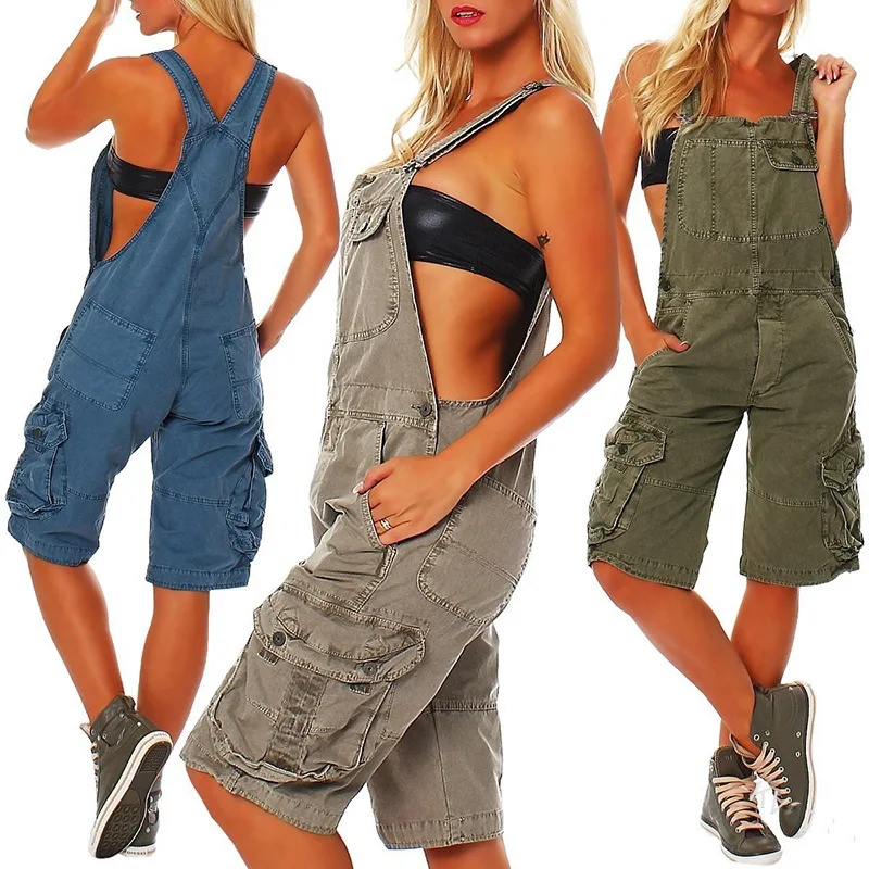 

Women's Jeans Denim Overall Knee Length Button Pockets Casual Fashion Double-Shoulder Strap Pocket Denim Shorts