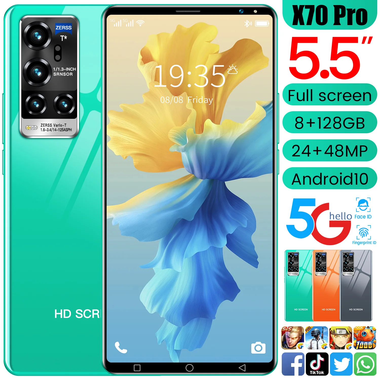 

Hot Sale X70 Pro 5.5 Inch 24+48MP Dual SIM 6+128GB Smart Phone Face Fingerprint Unlock 4800mAh Andriod 10 Cellphones Global