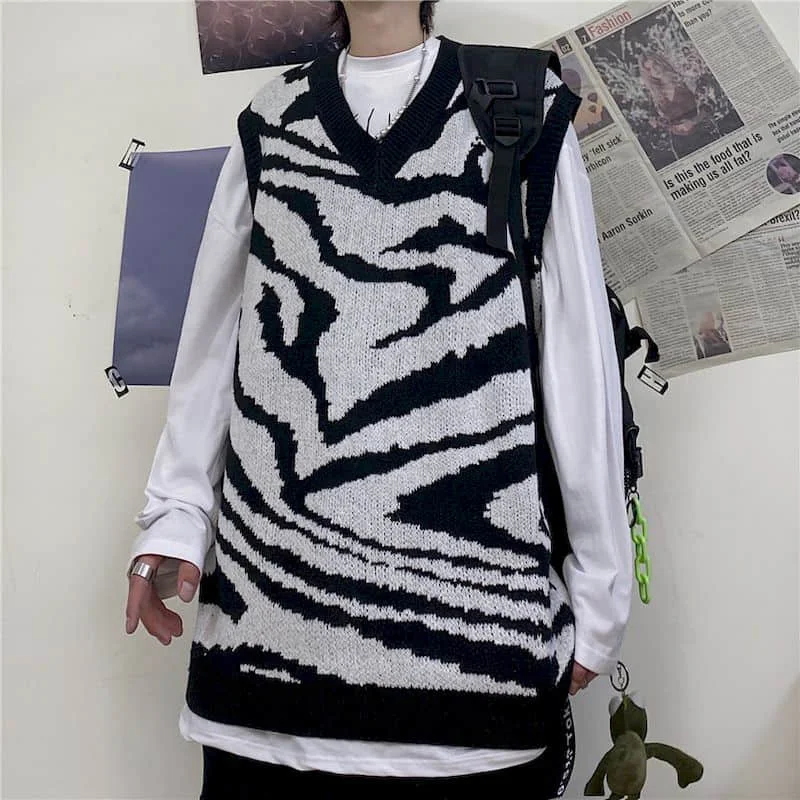 

streetwear punk vest women men topsTrend ins hip-hop street black and white zebra pattern sleeveless knitted vest sweater vest