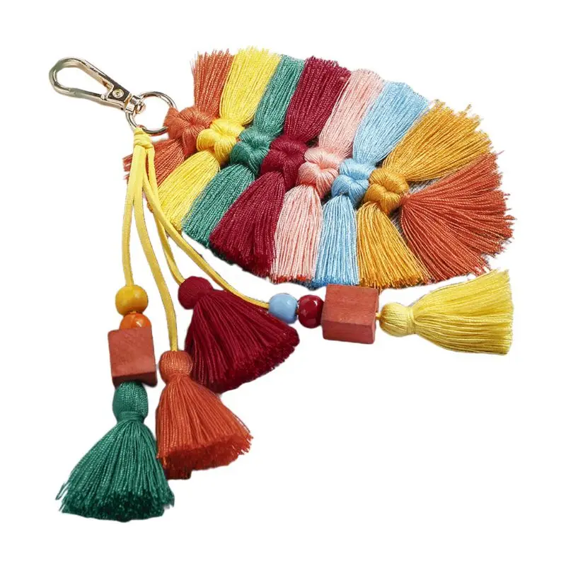 

Pure Handmade Creative Cotton Tassel Pendant Leaves Wooden Beads Bag Ornaments Nordic National European Keychain Decor
