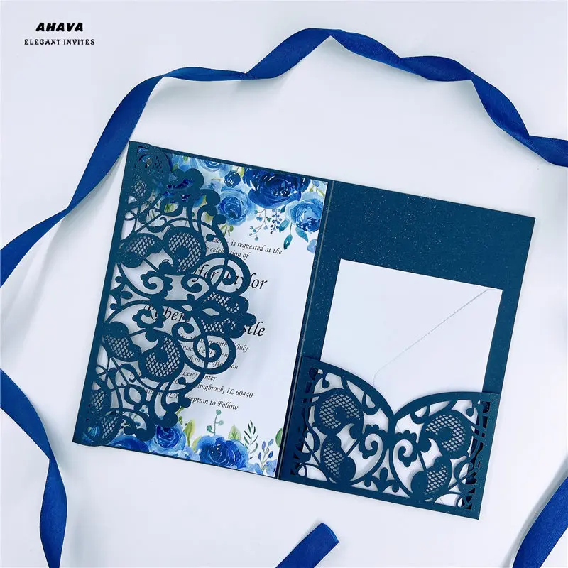 

free shipping 50X Laser Cut Tri-fold dark navy Lace floral pocket fold Wedding Invitation Card Invite RSVP Customize envelope