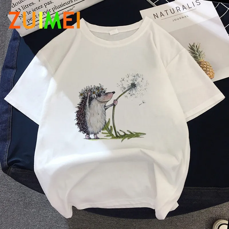 

Women's Hedgehog with dandelion Tshirt Loose Spring Print T-shirt 2020 Summer Fashion Short Sleeved T-shirt Girl,Drop Ship