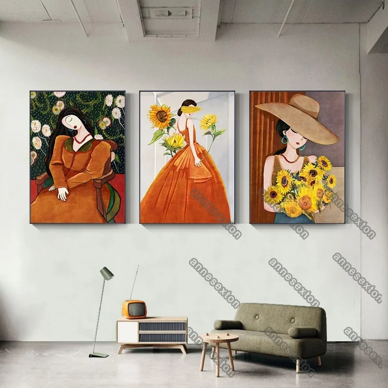 

Modern Fashion Style Canvas Painting Poster Pretty and Charming Woman with Sunflowers and Field for Home Rooms Wall Decoration