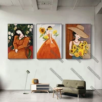 modern fashion style canvas painting poster pretty and charming woman with sunflowers and field for home rooms wall decoration