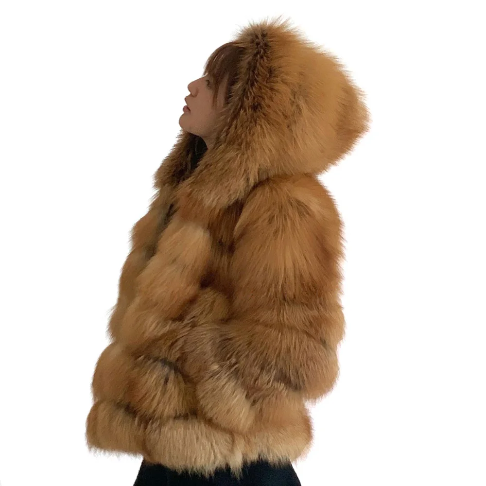Модные женские шубы с капюшоном из 100% натурального Лисьего меха зимняя женская