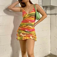 y2k vintage low cut strap print mini dress ruched stacked fashion colorful summer beach holiday women clothing dresses 2021