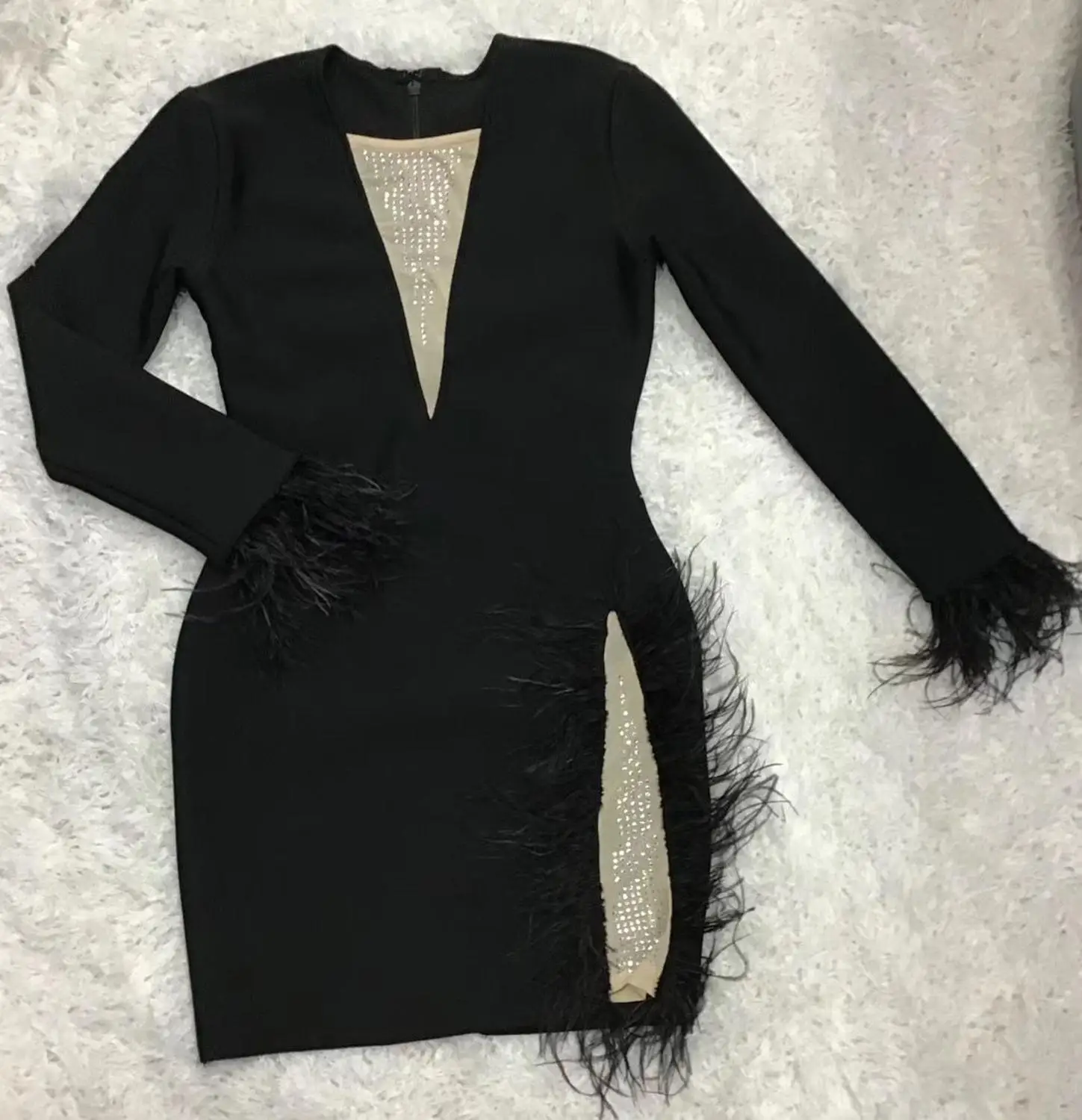 Женское Сетчатое платье с перьями дизайнерское Бандажное длинным рукавом