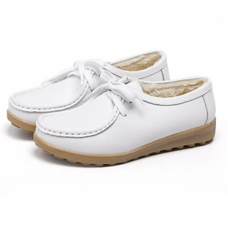 Winter Genuine Leather Thick Plush Warm Women Shoes Lace-Up Platform Moccasin Comfortable White Soft sole Non-slip Nurse | Обувь