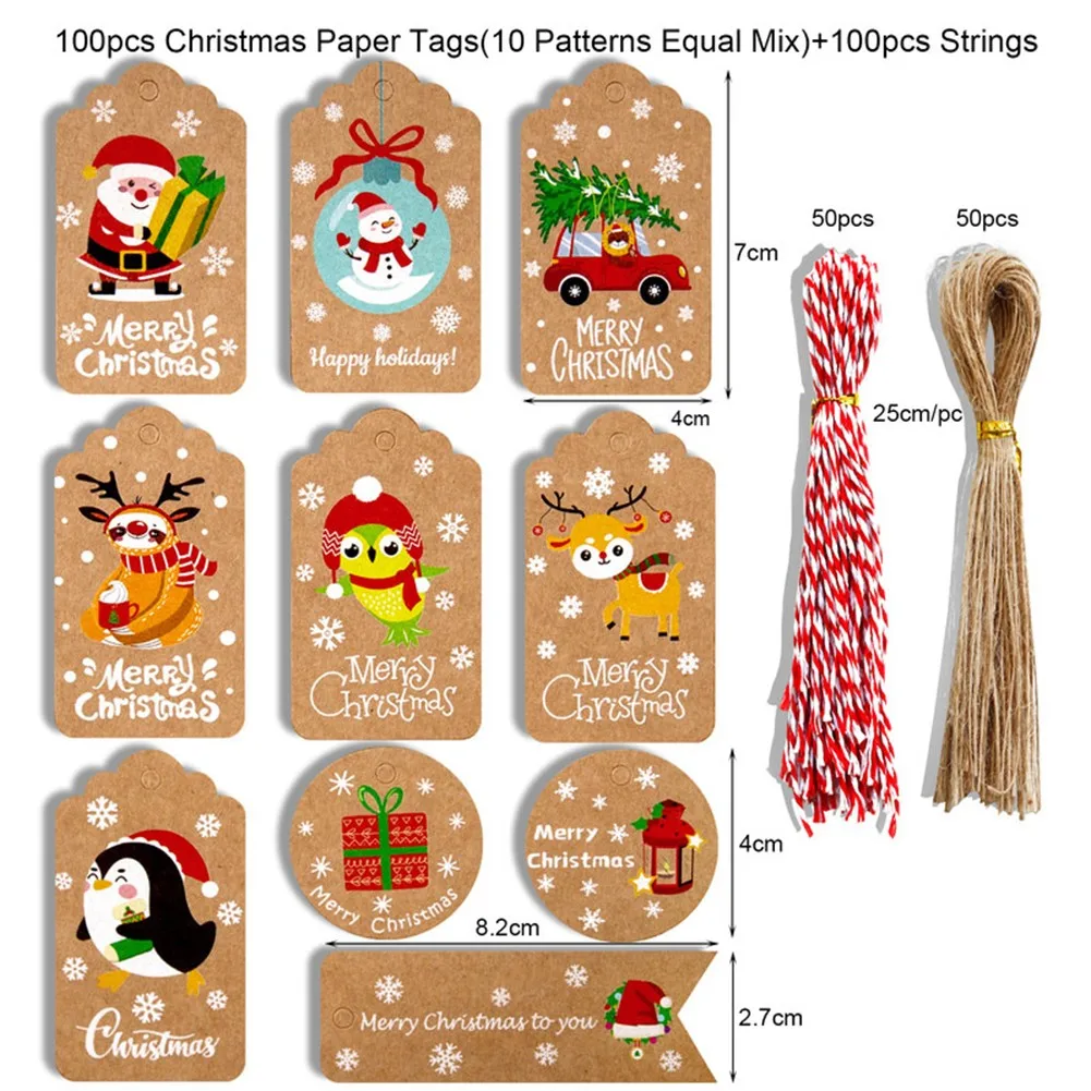 

100Pcs Christmas Kraft Paper Tags Gift Wrapping Labels DIY Party Cards Decoration Santa Claus Xmas Party Supplies