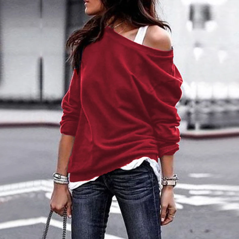 

2021 Autumn Blouse One Shoulder Tops Solid Shirt Female Clothes Outwear Casual Female Knitted Loose Shirts Women Long Sleeve