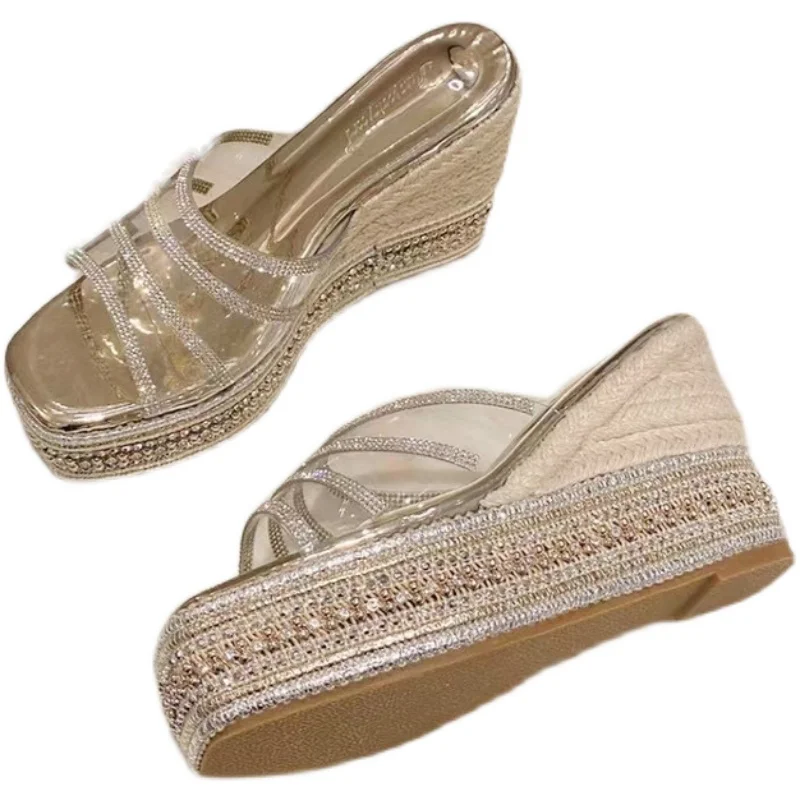 

Summer New Style Temperament Square Head Ladies Slippers Fashion Wild Large Size 40 Super High Heel Slippers