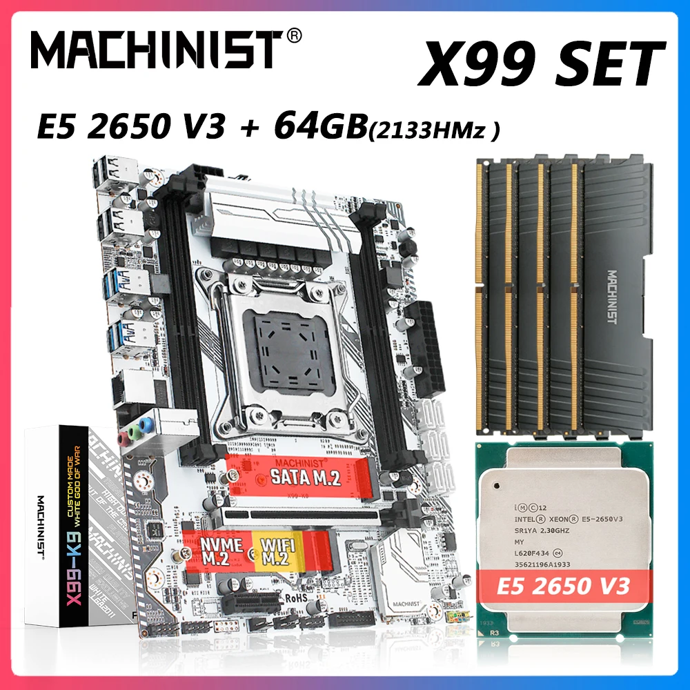 

Machinist X99 Motherboard Set Kit With Xeon E5 2650 V3 LGA 2011-3 CPU 4pcs * 16GB=64GB 2133MHz DDR4 Memory Four-channel X99-K9