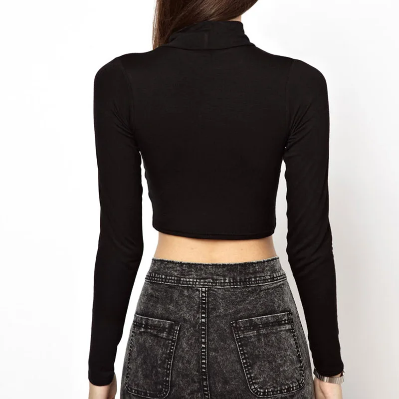 2020 Women Slim Soft Elastic Turtleneck Solid Crop Tops Girl Long Sleeve Short T-Shirts Tees Female Autumn Casual T-shirt | Женская