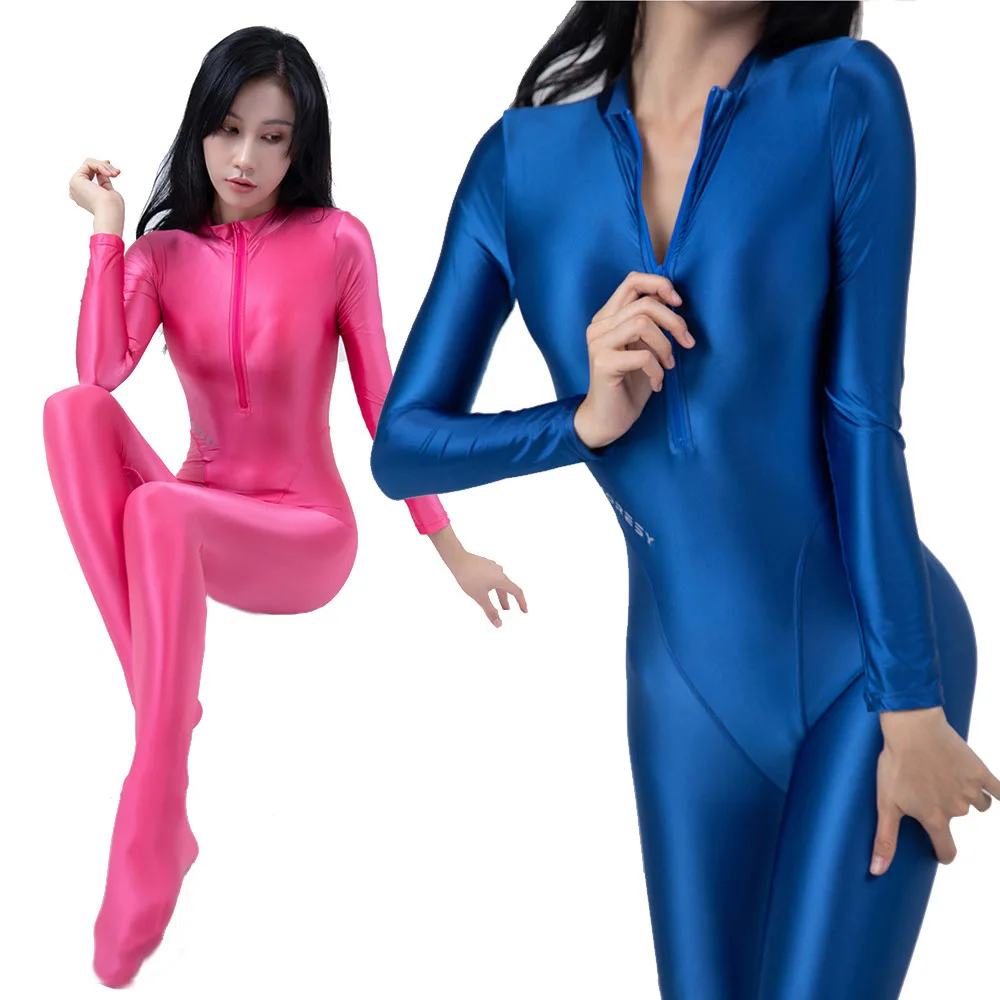 AMORESY Front Zipper Full Length Oil Tights Shiny Smooth Sexy Women Overall Yoga Zentai Playsuit Casual Suits Jumpsuits Catsuits