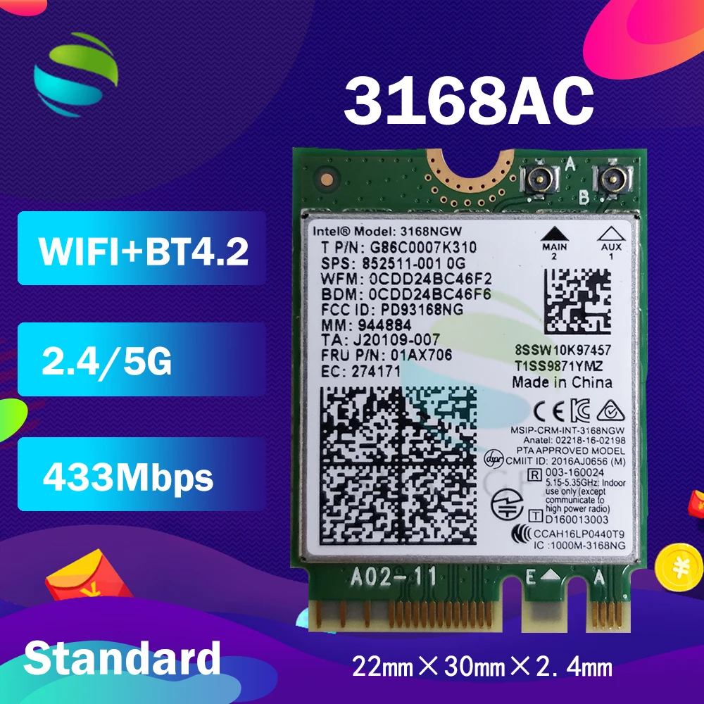 Двухдиапазонный беспроводной AX200NGW 2 4 Гбит/с 802.11ax Intel Wi Fi 6 AX200 / AX201NGW 8265NGW /3168AC M.2 NGFF