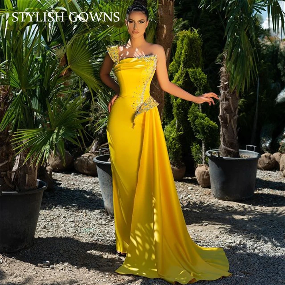 

Yellow Luxury One Shoulder Mermaid Evening Dresses Beaded Prom Dress Formal Night Gowns Woman Special Occasion Robe De Soiree