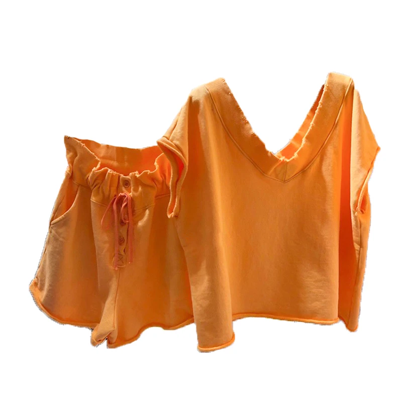 

Two Piece Shorts Set Woman Loose V-neck Short Sleeve T-shirt + Single Breasted Bud Shorts Sports Sets Female Sets Ropa Mujer