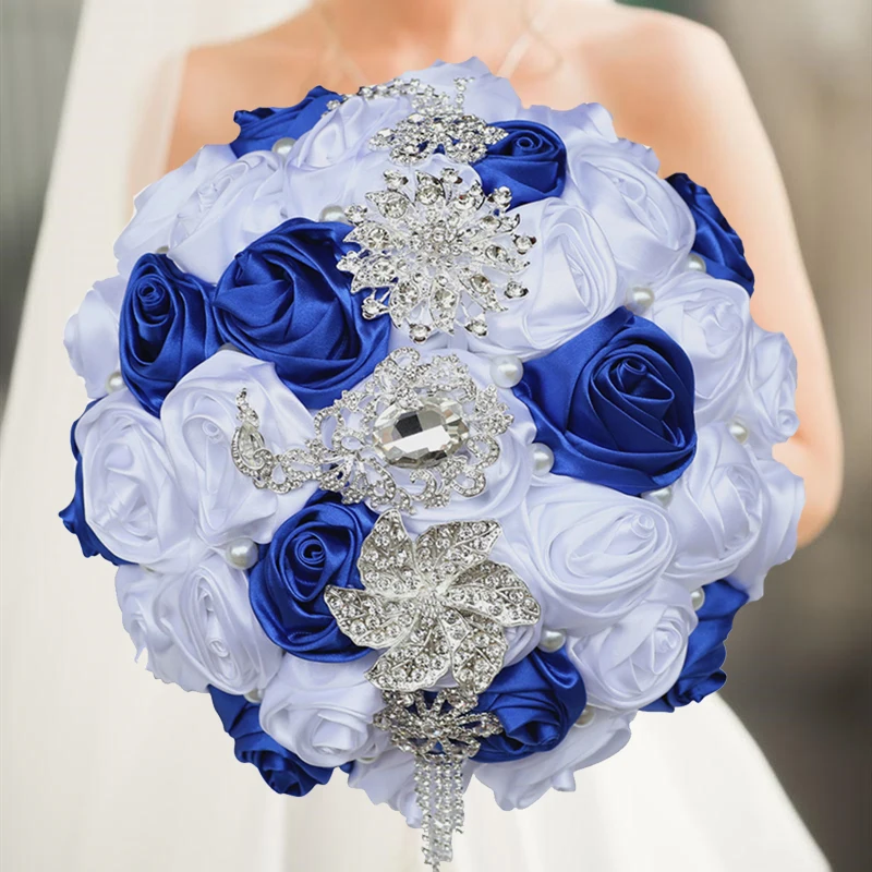 

1pc/lot blue Bridal Bouquets Ivory Ribbon Brooch Bouquet Wedding Diamond Bouquet