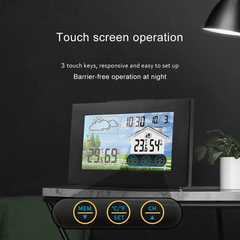 

Alarm Clock Digital Colorful Touch Screen Wireless Temperature Sensor Backlit Weather Forecast Hygrometer Gauge Calendar Clock