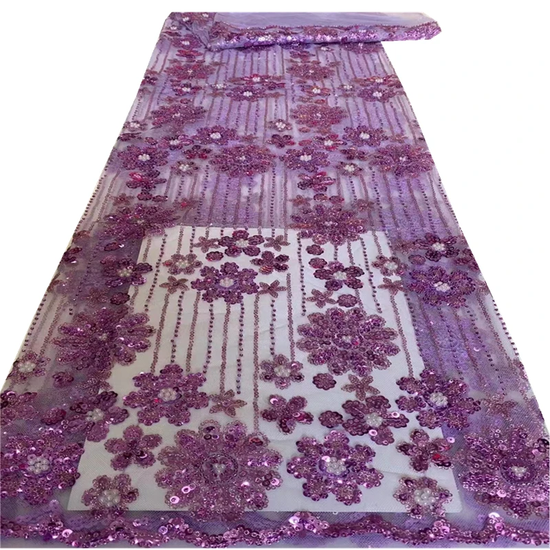 

SJ Lace Latest African Net Lace Fabric 2021 High Quality Lace Sequins Nigerian Lace Fabrics 5Yards Beaded Material Sewing dx5-76