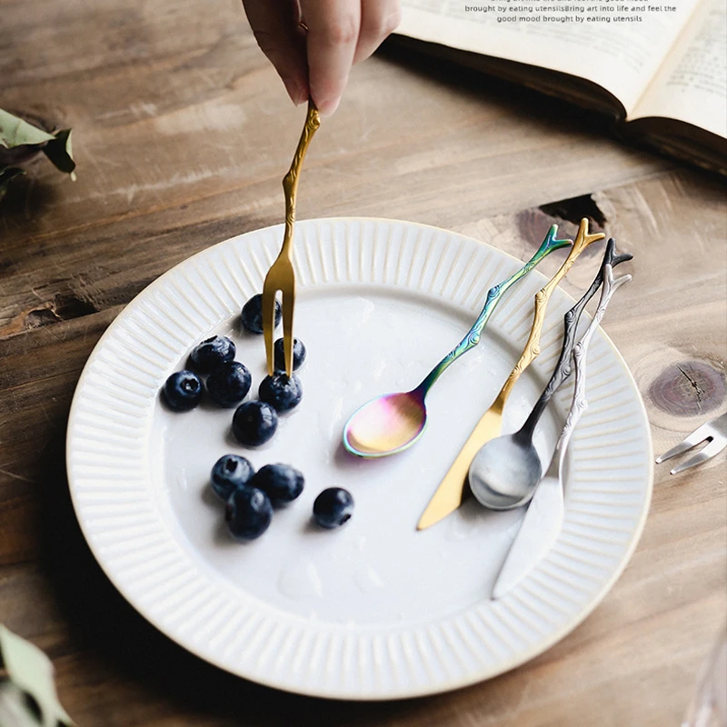 Творческие особенности нержавеющая сталь лист вилка ложка маленький золотой