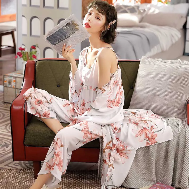 

3Pcs Women Pajamas Set Summer New Cotton Satin Loose Thin Elegant Sleepwear Set Cardigan+Camisole+Pants Female Homewear