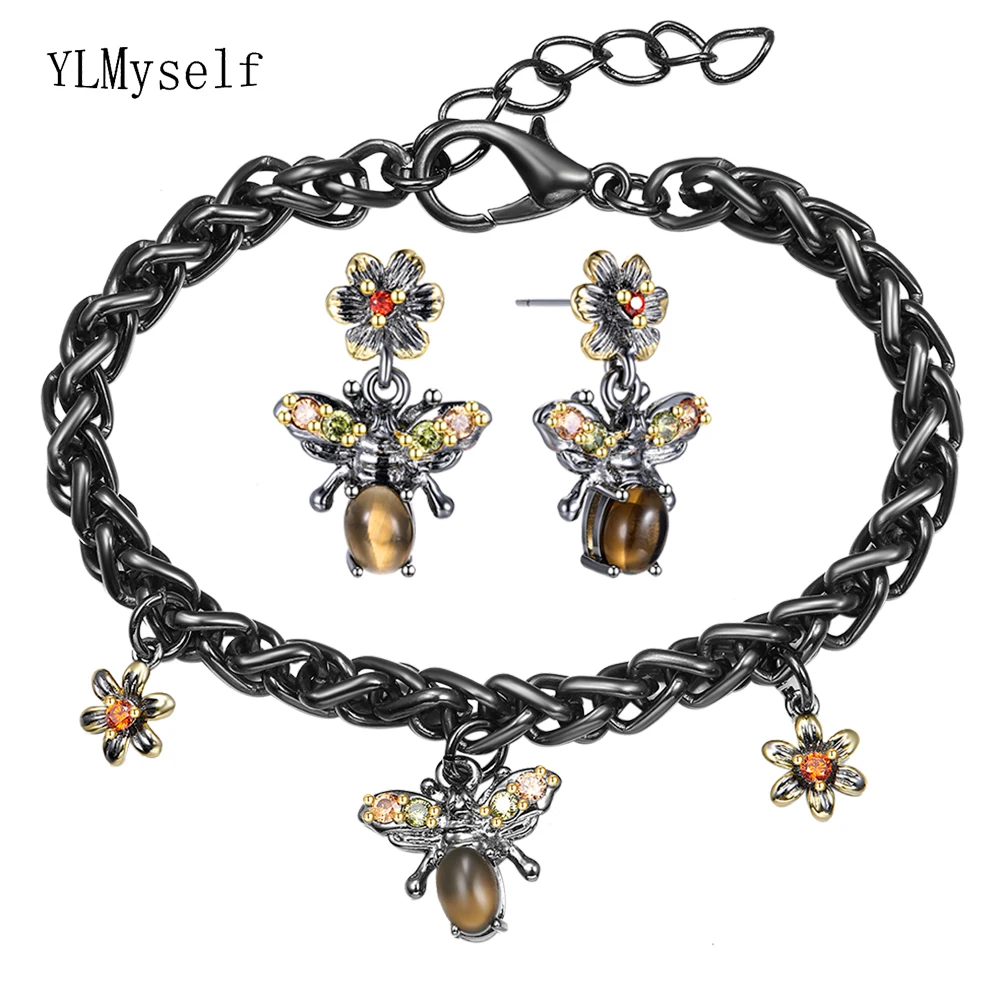

Brass Link Chain Bracelet Earrings Sets Lovely Animal Brown Cateye Stone 2 Tone plate Female 2pcs Jewelry