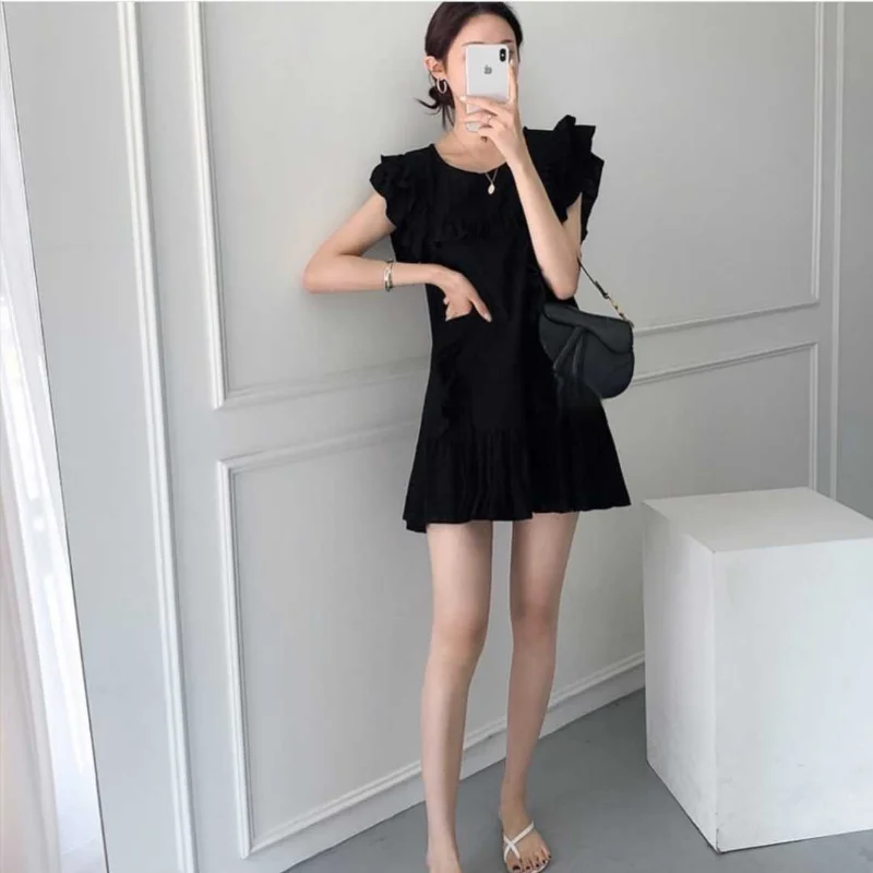 

Sweet Ruffles Stitching O Neck Dress Women Design Flying Sleeves Elegant Feminino Office Lady Dress Simple White Mini Vestidos