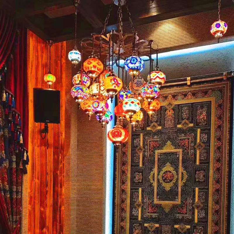 

Mediterranean Retro Dining Room/Living Room Cafe Hotel Duplex Building Glass Bohemian Handmade Finish Chandelier