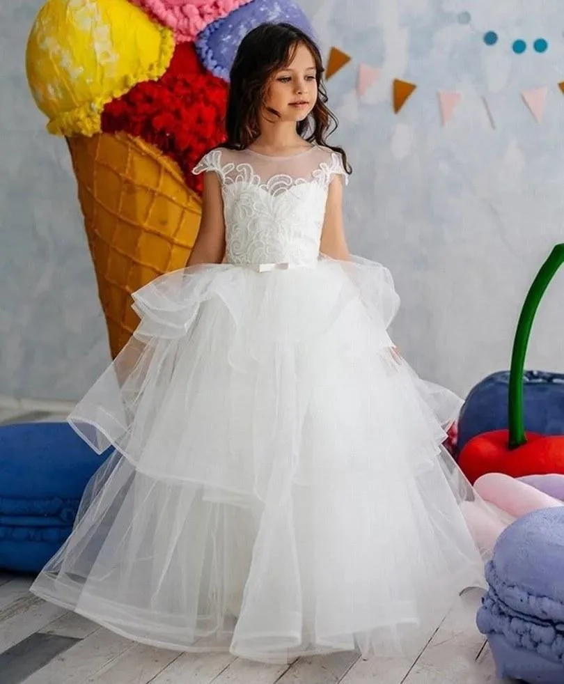

White/Ivory Girls First Communion Dresses Vestido De Daminha Short Sleeve Flower Girl Dresses Ball Gown