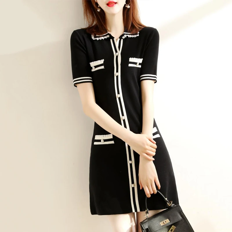 

Роскошное летнее трикотажное платье для женщин, корейское темпераментное однобортное вязаное платье, элегантный свитер в стиле пэчворк, же...