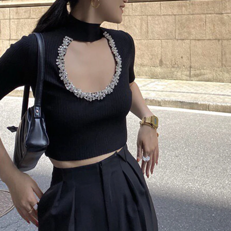 Женская водолазка TWOTWINSTYLE черная футболка в стиле пэчворк повседневная